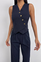 V-Neck Striped Navy Blue Double-Breasted Vest