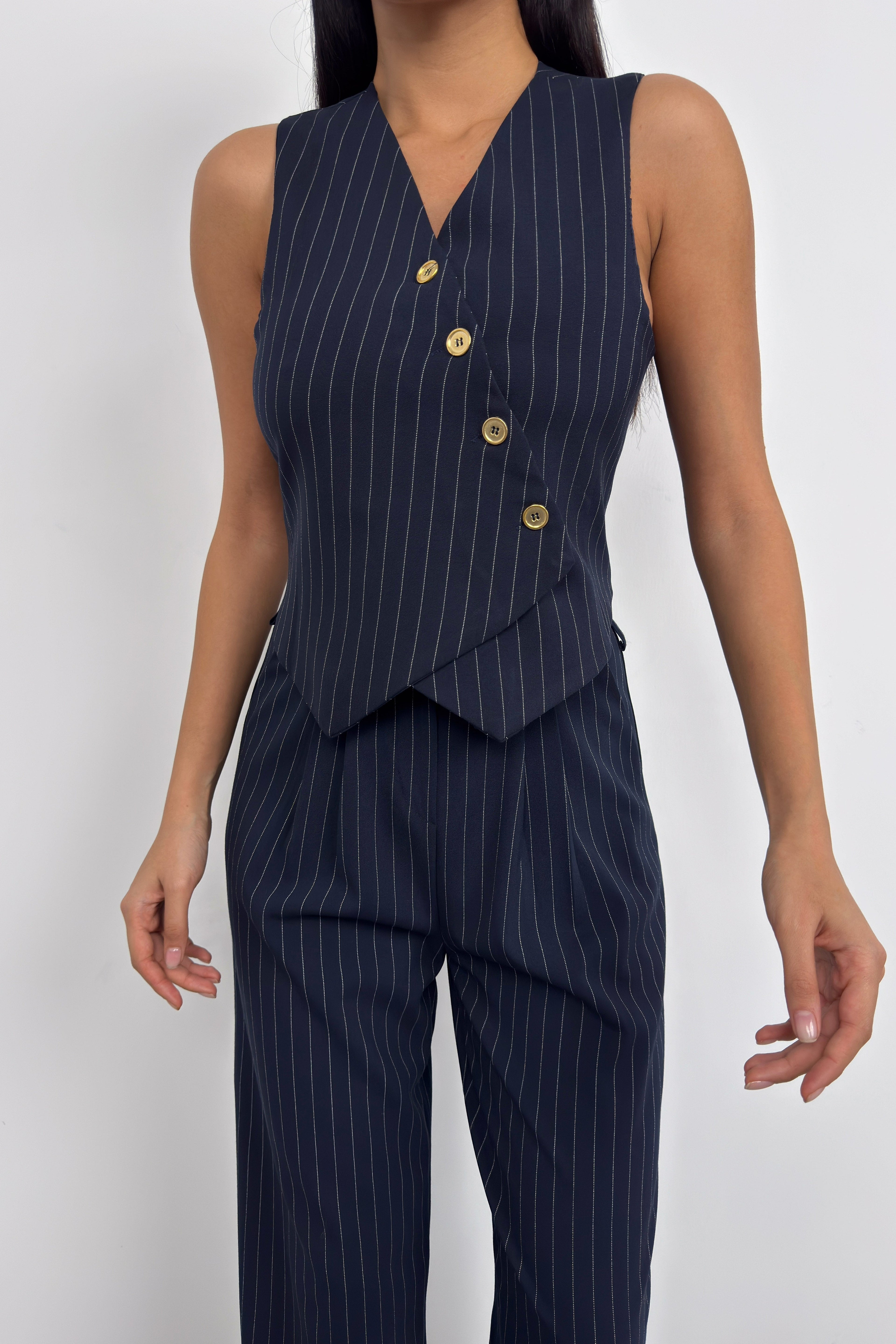 V-Neck Striped Navy Blue Double-Breasted Vest