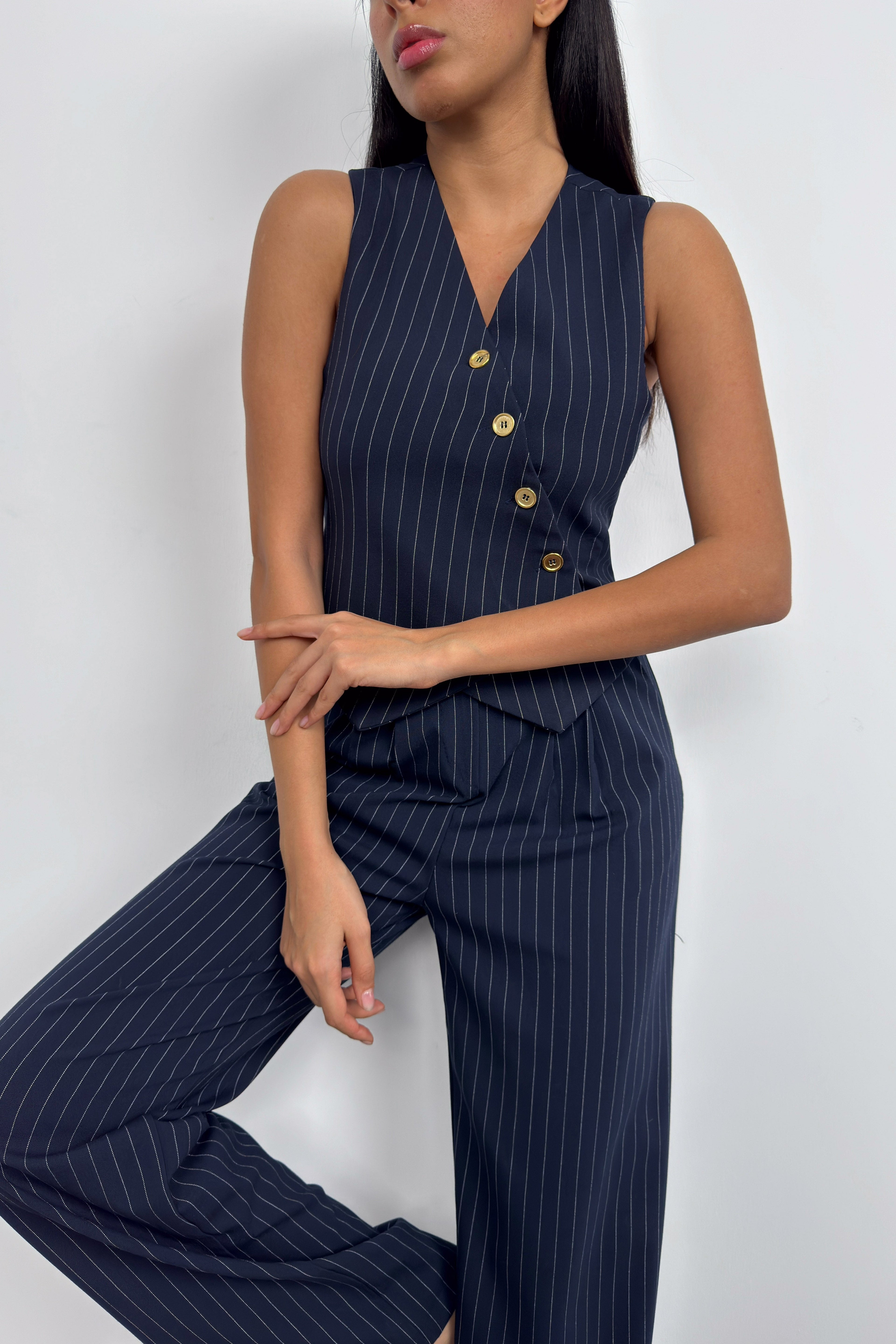V-Neck Striped Navy Blue Double-Breasted Vest