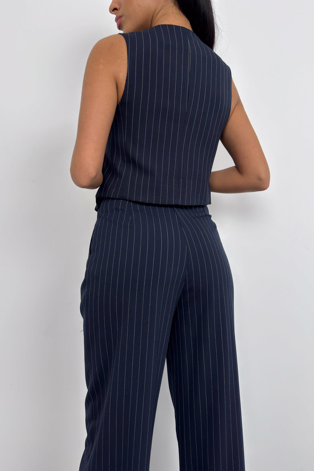 V-Neck Striped Navy Blue Double-Breasted Vest