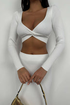 V-Neck Crop Slit Ecru Maxi Skirt Set