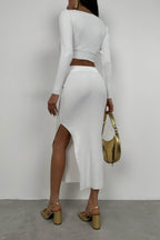 V-Neck Crop Slit Ecru Maxi Skirt Set