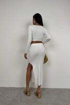 V-Neck Crop Slit Ecru Maxi Skirt Set