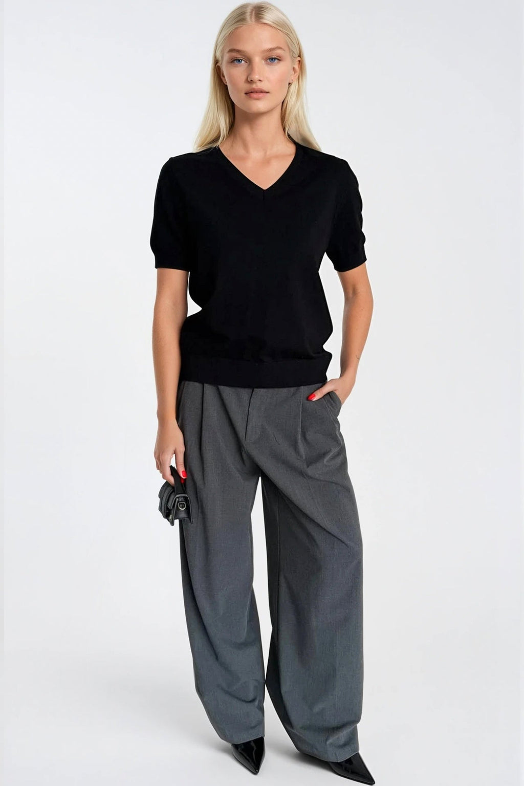 V-Neck Short Sleeve Black Knit Blouse