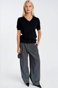 V-Neck Short Sleeve Black Knit Blouse