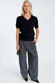 V-Neck Short Sleeve Black Knit Blouse