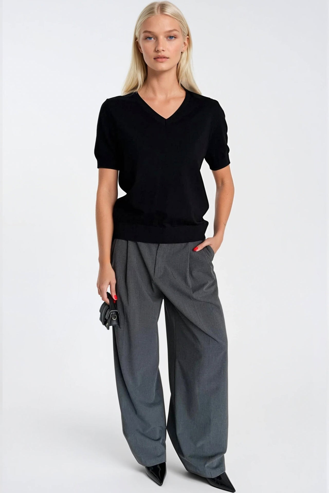 V-Neck Short Sleeve Black Knit Blouse
