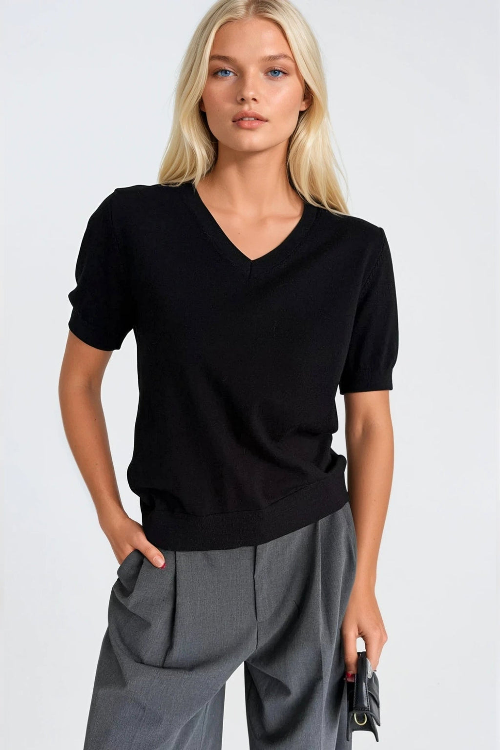 V-Neck Short Sleeve Black Knit Blouse