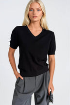 V-Neck Short Sleeve Black Knit Blouse