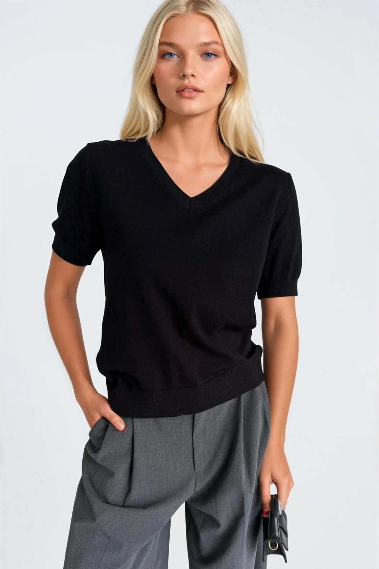 V-Neck Short Sleeve Black Knit Blouse