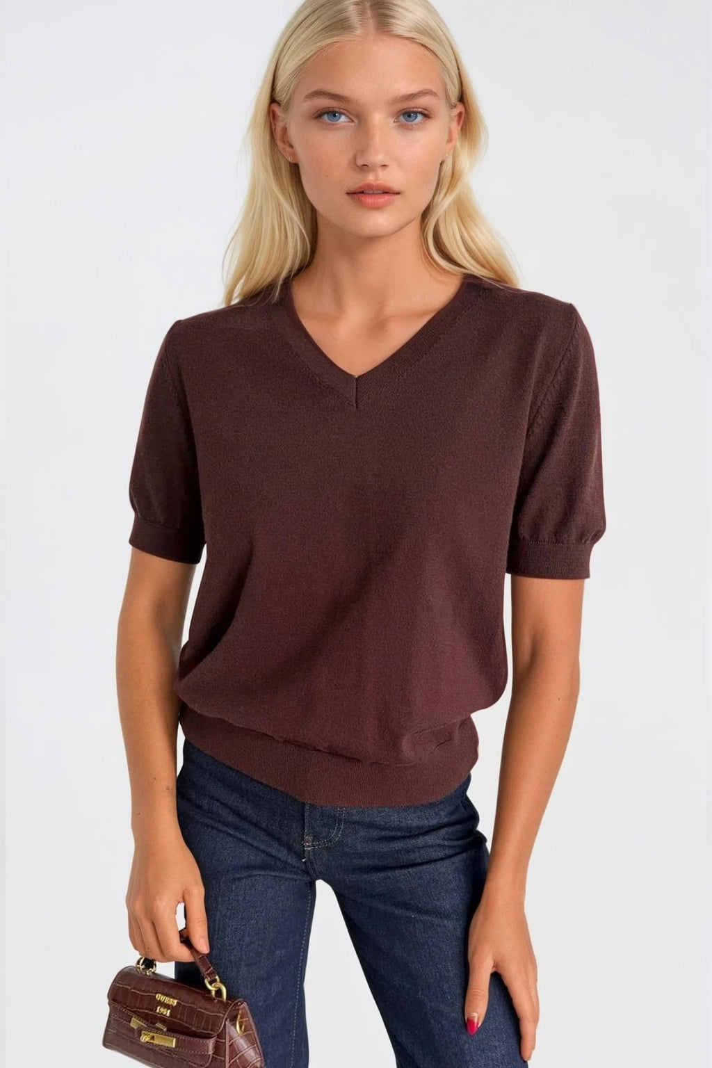 V-Neck Short Sleeve Brown Knit Blouse