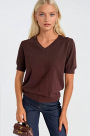 V-Neck Short Sleeve Brown Knit Blouse