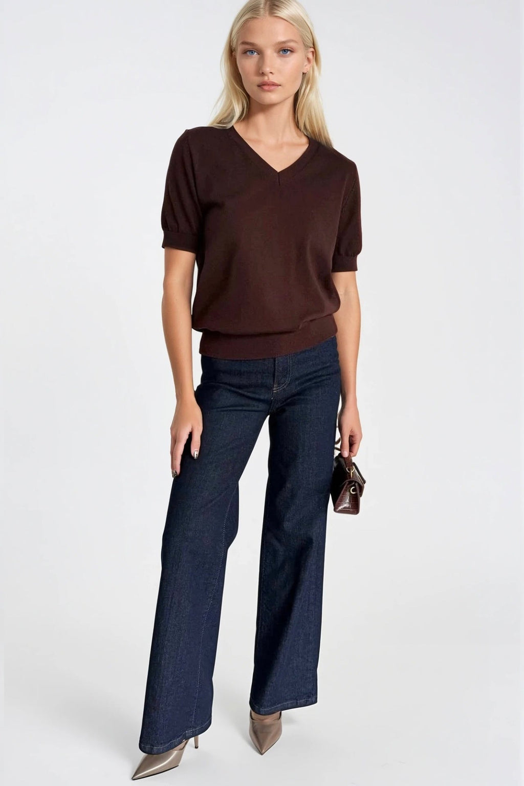 V-Neck Short Sleeve Brown Knit Blouse
