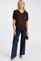 V-Neck Short Sleeve Brown Knit Blouse
