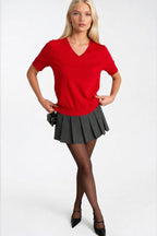 V-Neck Short Sleeve Red Knit Blouse