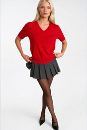 V-Neck Short Sleeve Red Knit Blouse