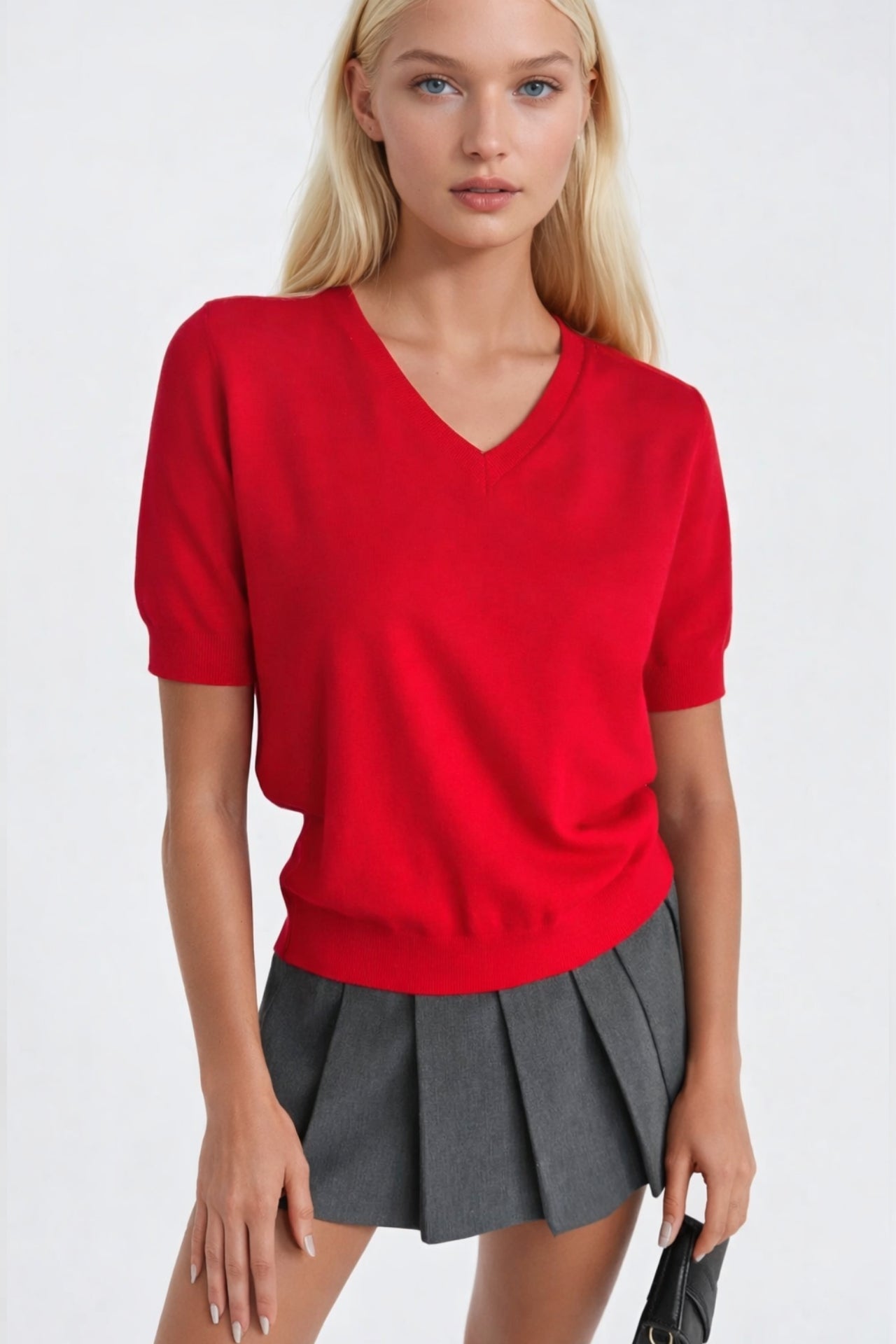 V-Neck Short Sleeve Red Knit Blouse