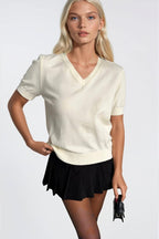 V-Neck Short Sleeve Ecru Knit Blouse