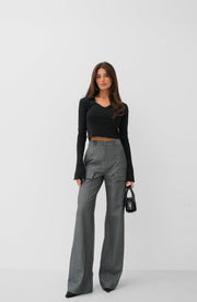 V-Neck Bodice Detail Black Knitted Blouse