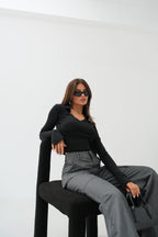 V Neck Korsaj Detay Black Knit Blouse