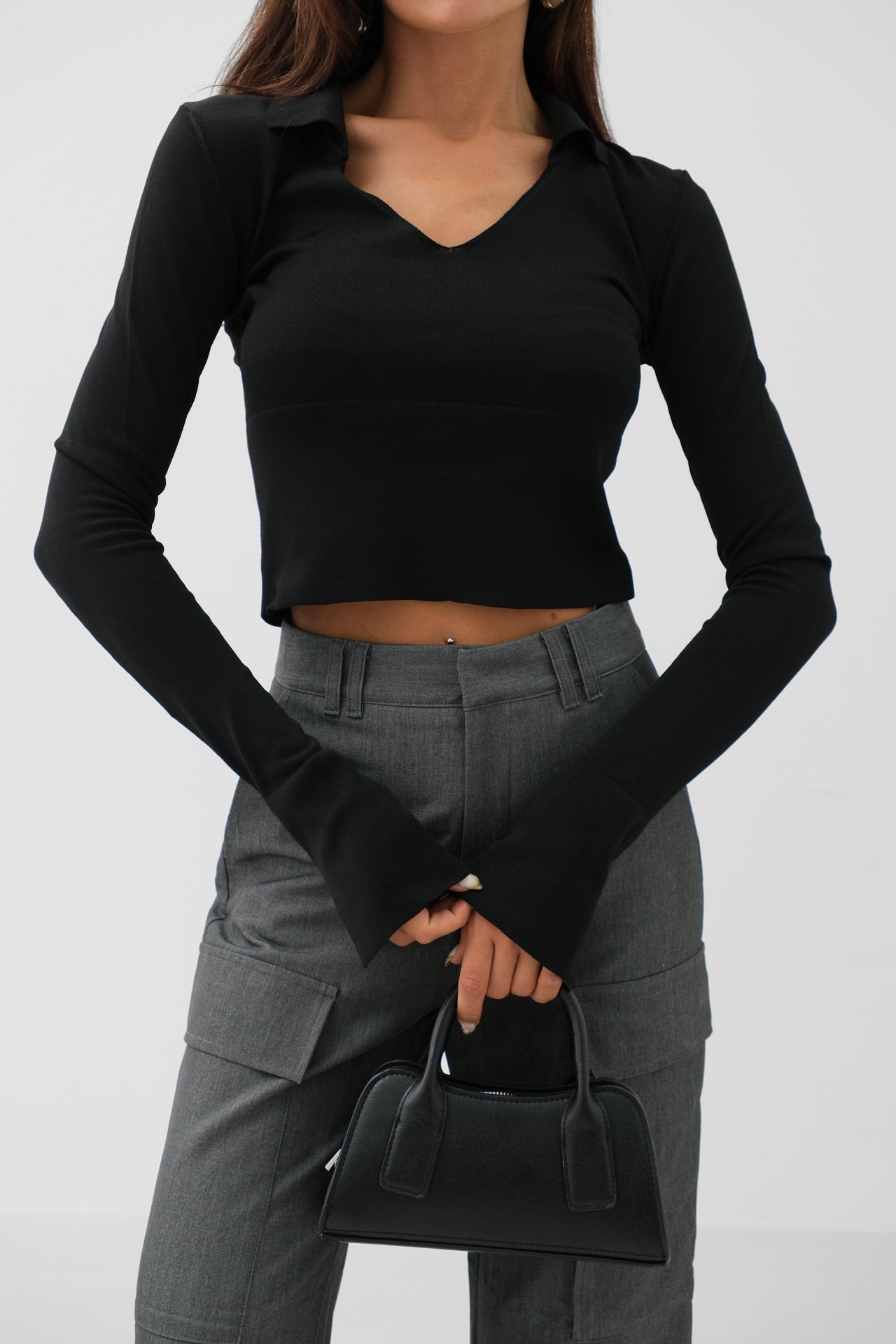 V Neck Korsaj Detay Black Knit Blouse
