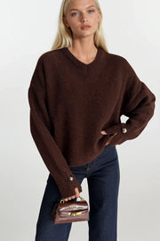 V-Neck Cuffed Accessory Detail Brown Knit Sweater