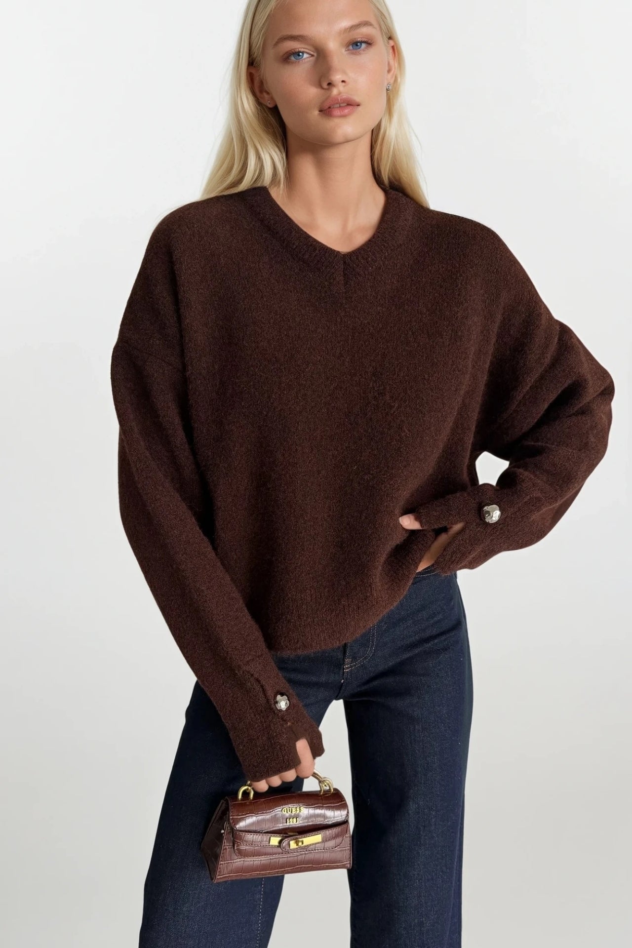 V-Neck Cuff Accessory Detail Brown Knit Sweater
