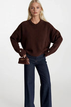V-Neck Cuff Accessory Detail Brown Knit Sweater