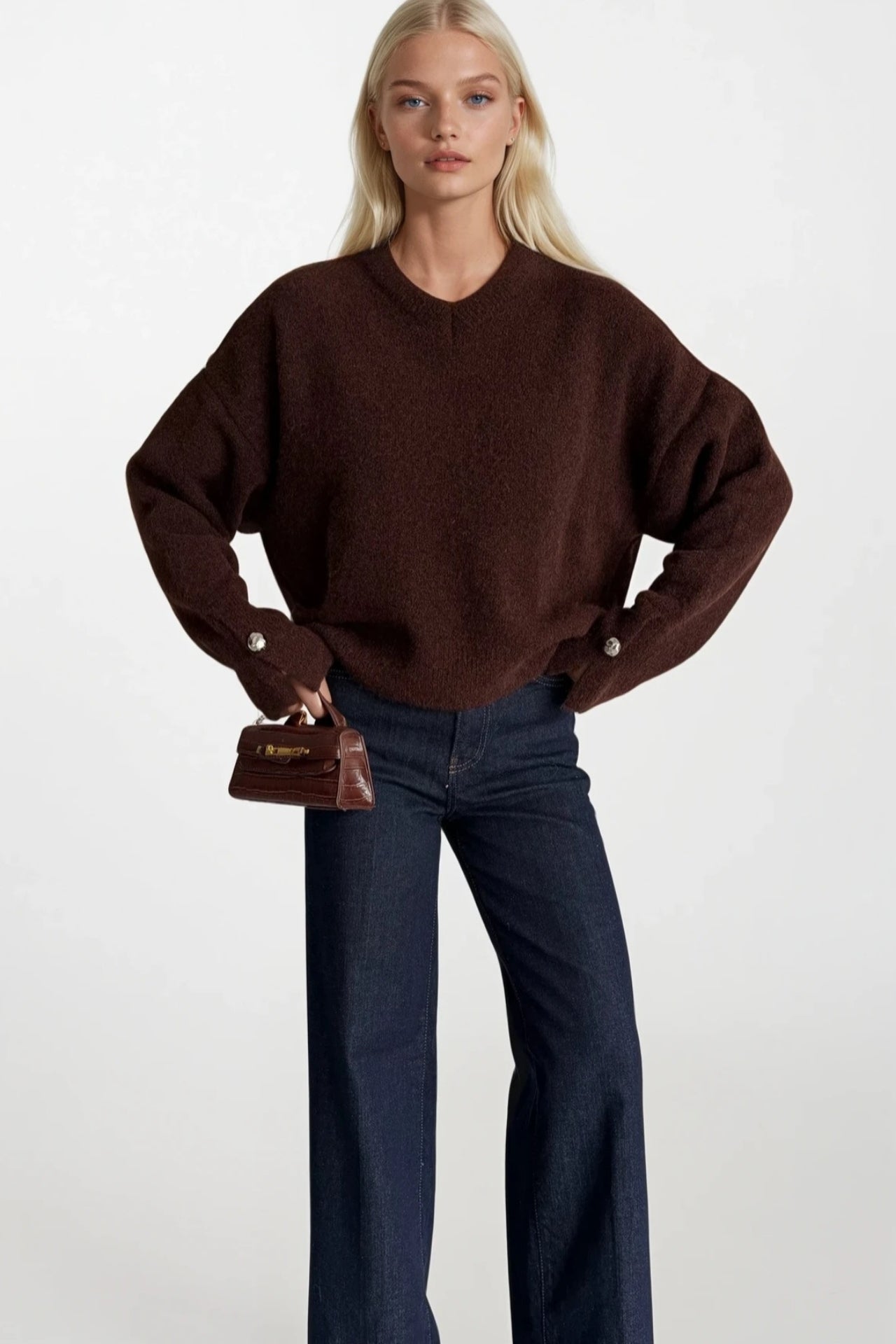 V-Neck Cuff Accessory Detail Brown Knit Sweater