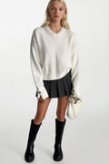 V-Neck Cuff Accessory Detail Ecru Knit Sweater