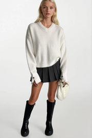V-Neck Cuff Accessory Detail Ecru Knitted Sweater