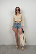 V-Neck Knit Ecru Crop Sweatshirts