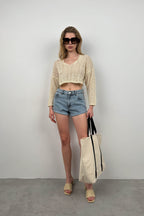 V-Neck Knit Ecru Crop Sweatshirts