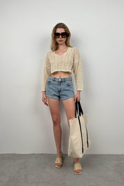 V Neck Knitted Ecru Crop Sweater