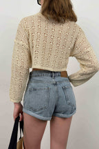 V-Neck Knit Ecru Crop Sweatshirts
