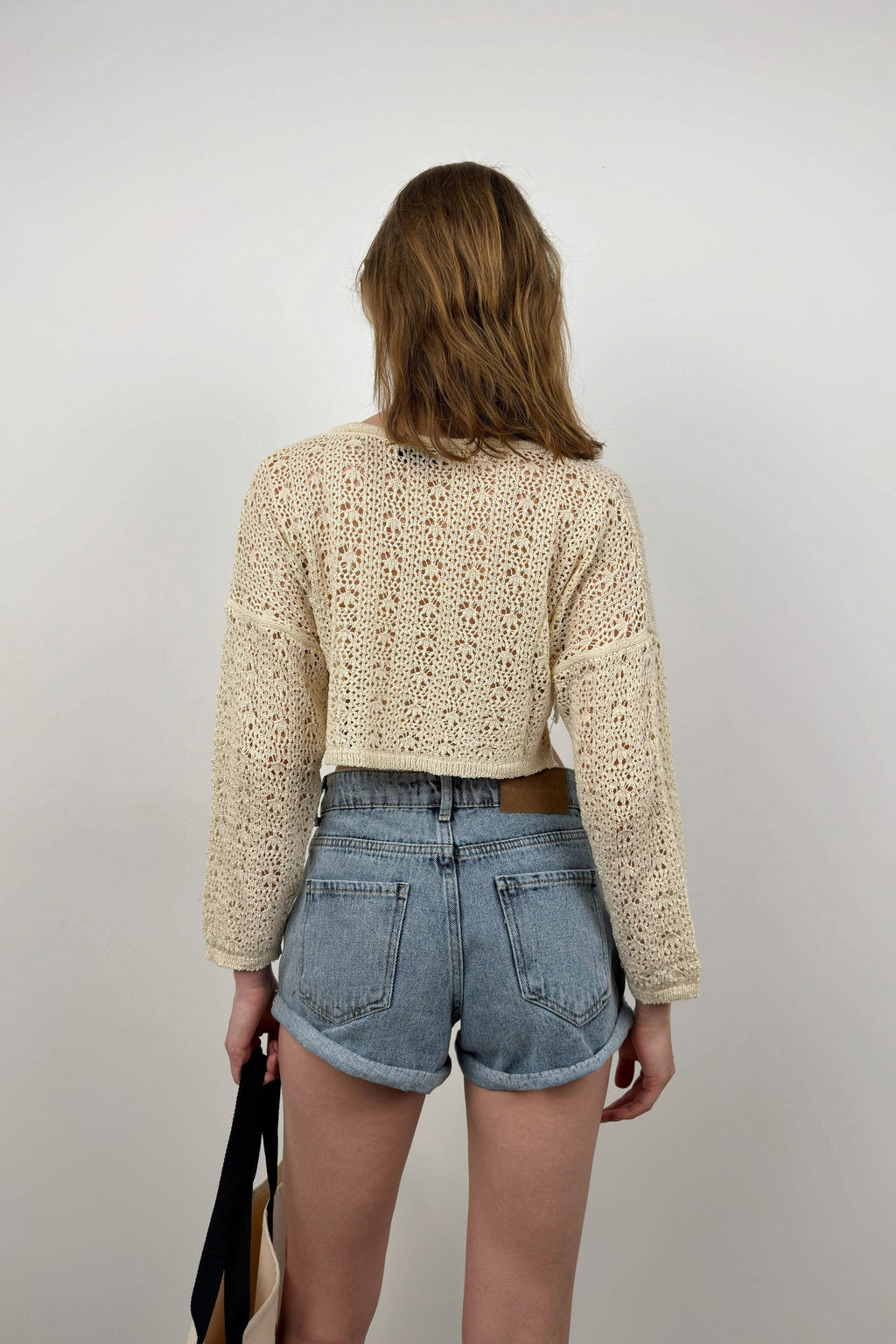 V-Neck Knit Ecru Crop Sweatshirts