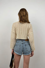 V-Neck Knit Ecru Crop Sweatshirts