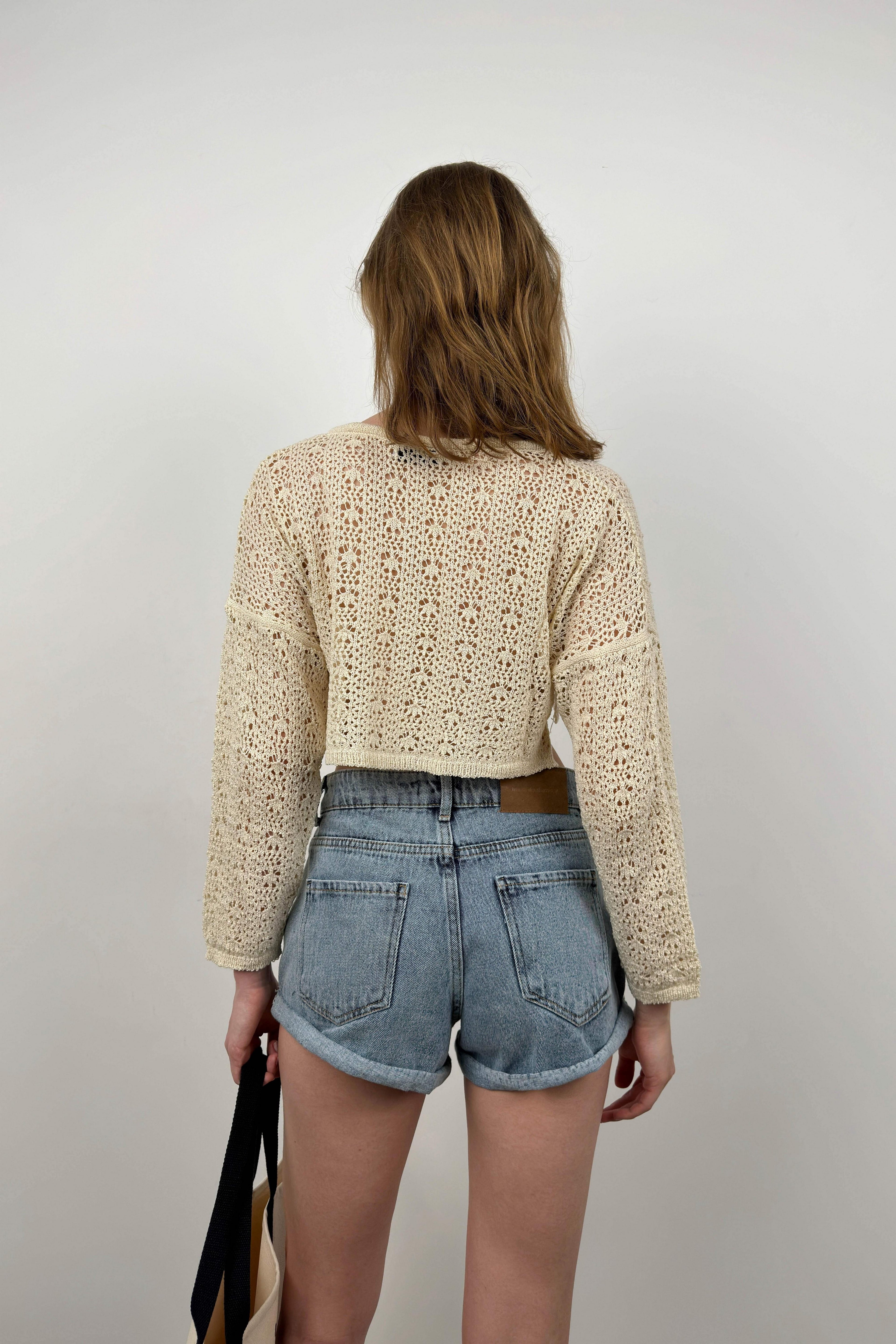 V-Neck Knit Ecru Crop Sweatshirts