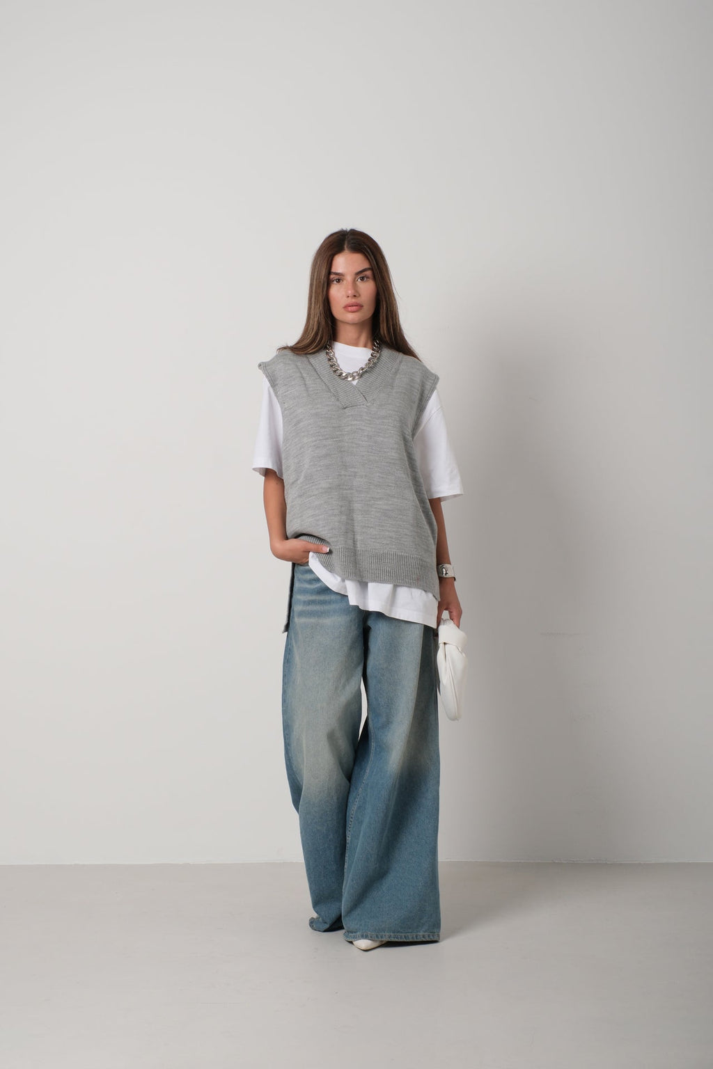 V-Neck Oversize Gray Suveter