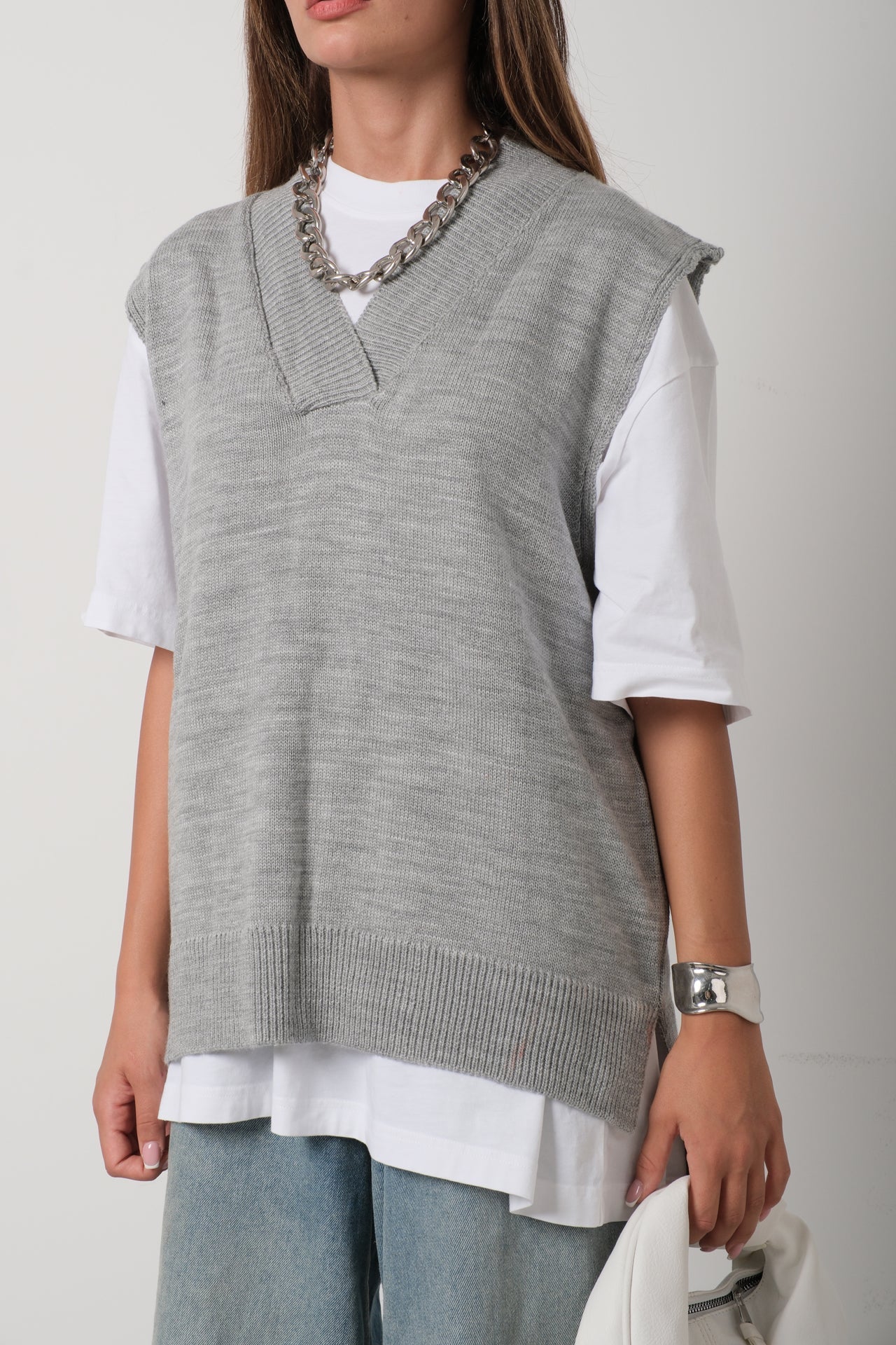 V-Neck Oversize Gray Suveter