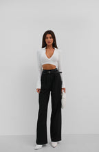 V-Neck Polo Collar Crop White Sweater