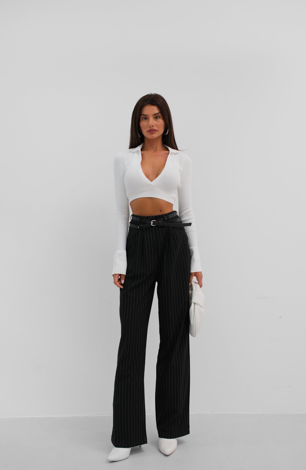 V-Neck Polo Collar Crop White Sweater