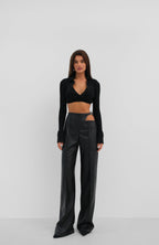 V-Neck Polo Collar Crop Black Sweater