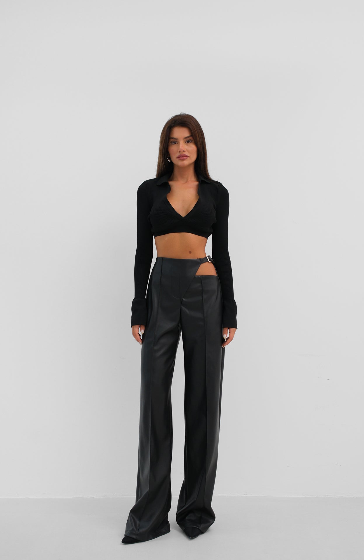V-Neck Polo Collar Crop Black Sweater