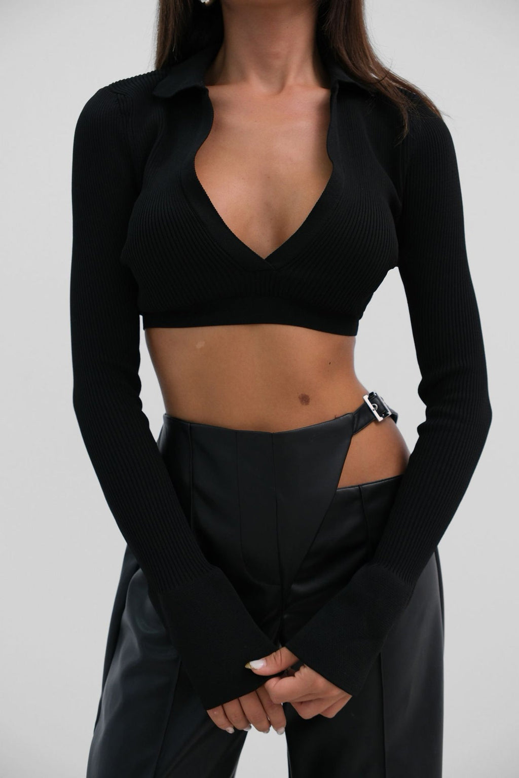 V-Neck Polo Collar Crop Black Sweater