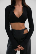 V-Neck Polo Collar Crop Black Sweater