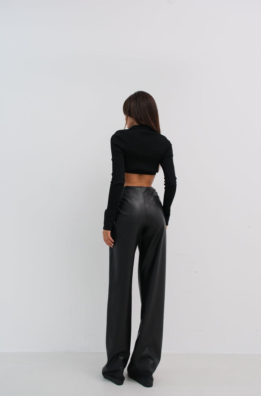 V-Neck Polo Collar Crop Black Sweater