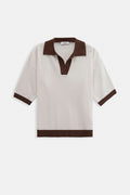V-Neck Stripe Detail White Brown T-Shirt