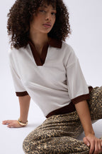 V-Neck Stripe Detail White Brown T-Shirt
