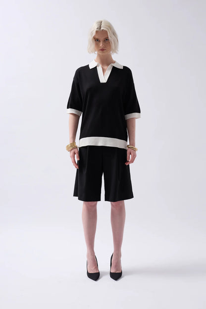 V Neck Stripe Detail Black White T-Shirt